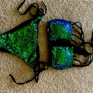 Two piece swimsuit bikini sequin green M-XL